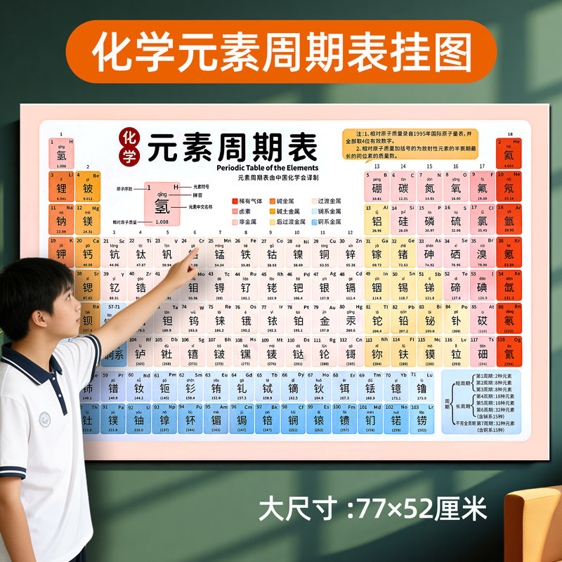 化学元素周期表挂图墙贴卡片实物带拼音版防水化学方程式初中七八九年