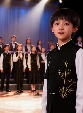 新中式马甲套装小学生风演出礼服朗诵合唱班服儿童中国高端表演服