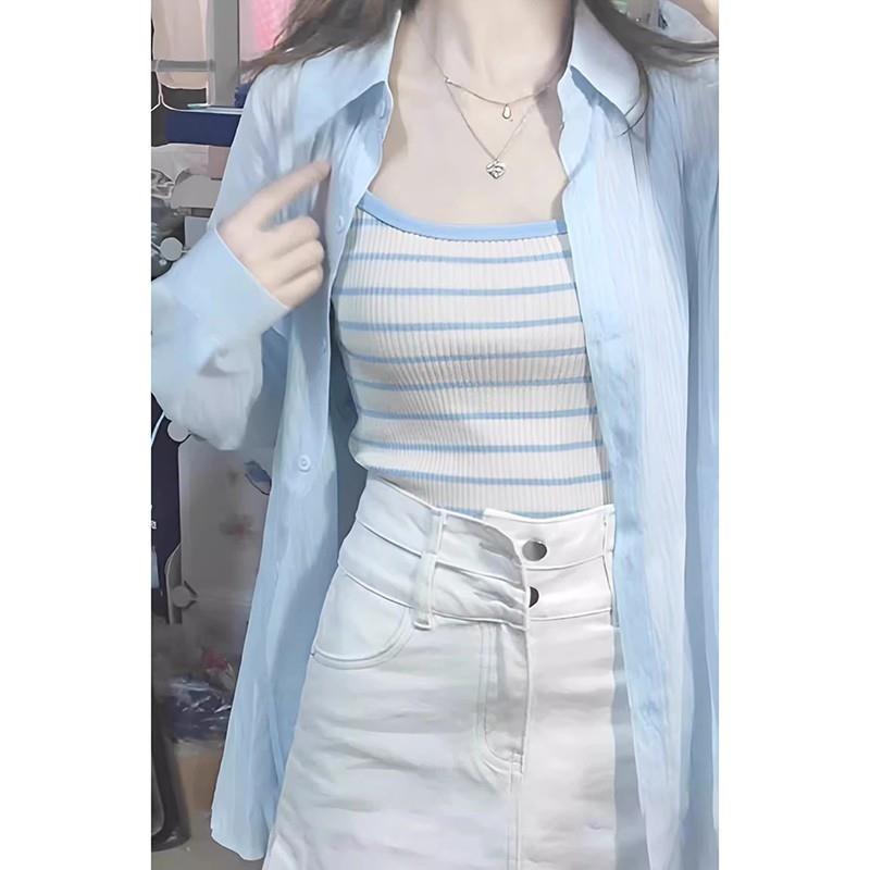 薄款蓝色冰丝防晒衬衫外套女吊带外搭大码胖mm宽松中长款上衣夏季