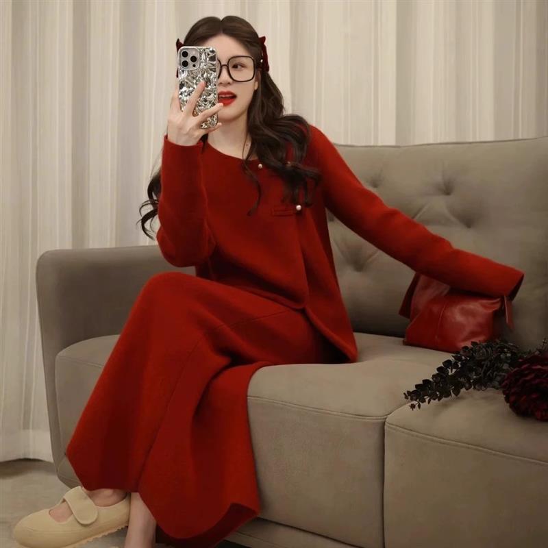 新年红色冬装搭配一整套大码胖mm圣诞节氛围感新中式连衣裙套装女