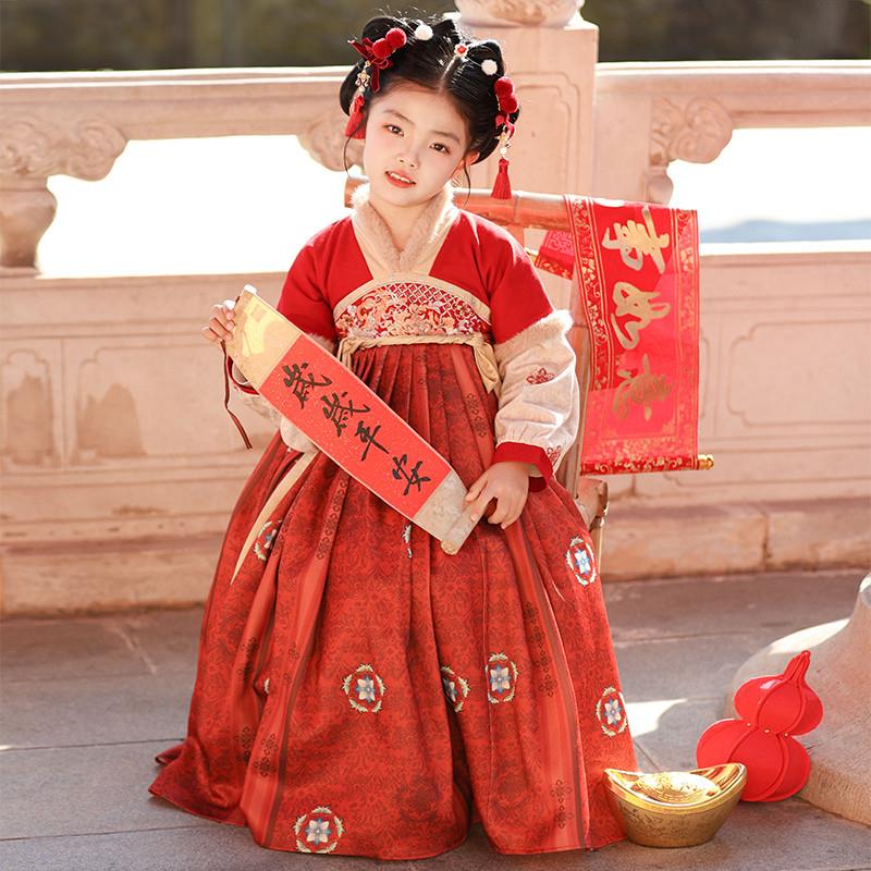 汉服女童冬季2025新款加绒中国风连衣裙儿童新年装拜年服过年裙子