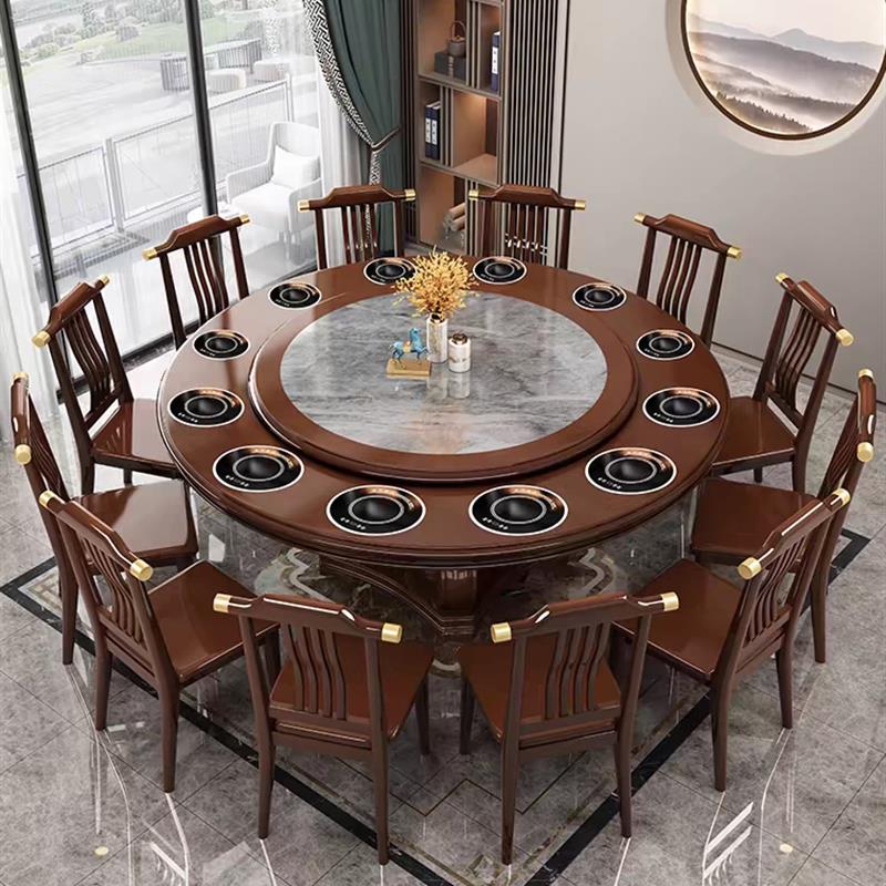 中式圆形实木餐桌椅组合带电磁炉一人一锅商用一体小火锅桌大圆桌