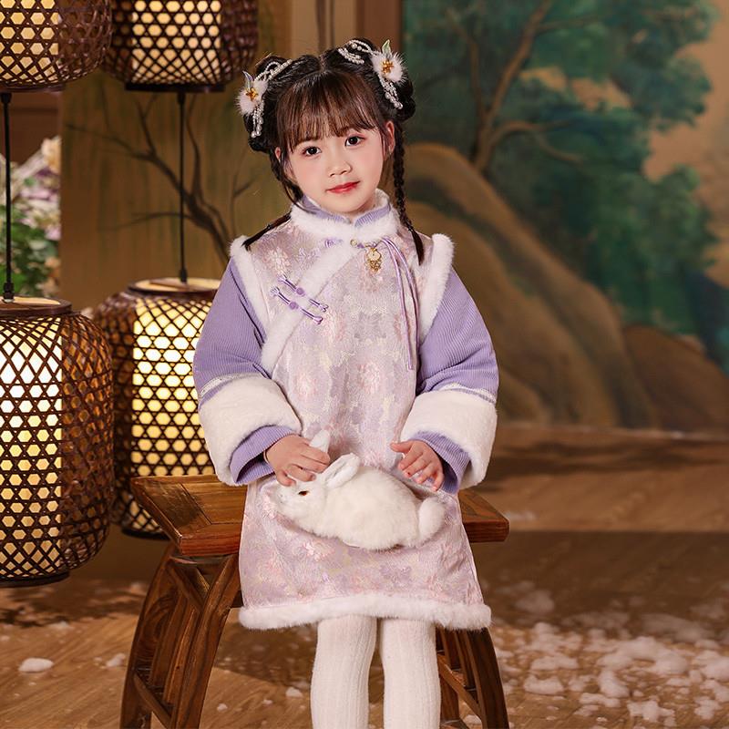 拜年服女 童汉服加绒旗袍冬季儿 童国风加厚连衣裙宝宝唐装过年服