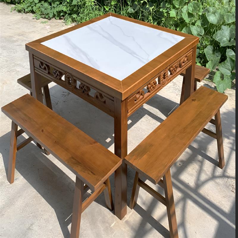 实木岩板四方桌老式雕花八仙桌仿古家用饭店农家乐面馆商用桌凳组