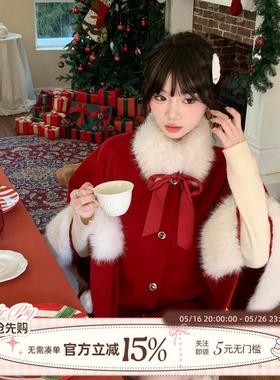 织物猪 冬日协奏曲 千金风复古红色斗篷外套女冬圣诞新年穿搭战袍