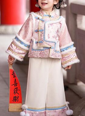 女童冬季国风加绒汉服拜年服套装女宝宝格格服装加厚新中式新年装