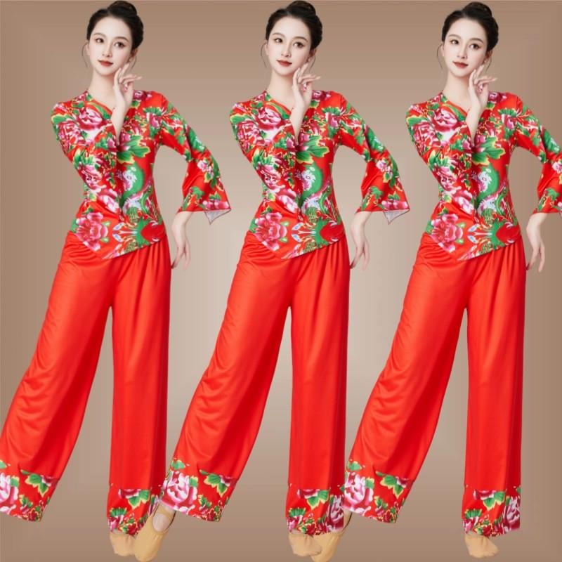 广场舞服装新款喇叭袖上衣秧歌服套装东北大花布衣服扇子舞演出服
