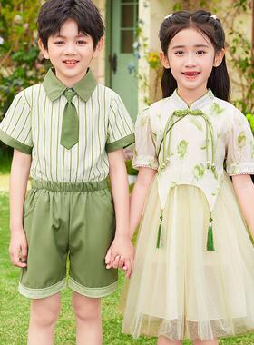 男女童夏季六一儿童演出服大合唱表演服绿色蓬蓬裙毕业照服小学生