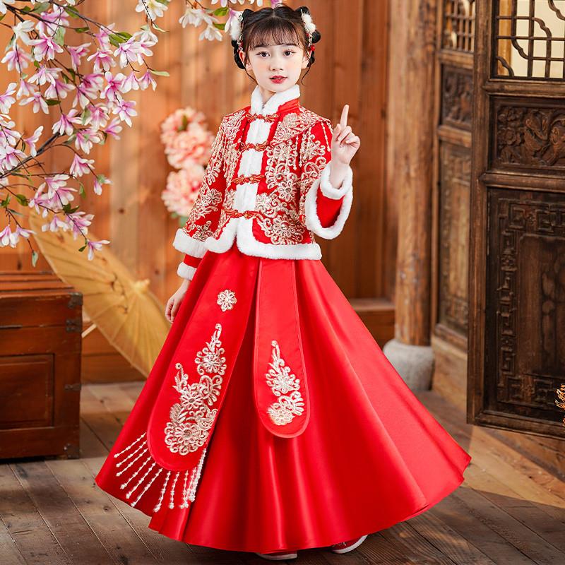 女童拜年服冬季新年喜庆儿童汉服中国风唐装秋冬款龙年加绒连衣裙