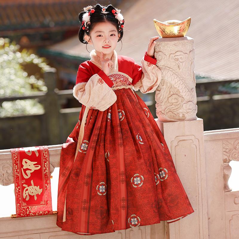 汉服女童冬季加绒古装红色连衣裙儿童拜年服国风过年唐装秋冬裙子