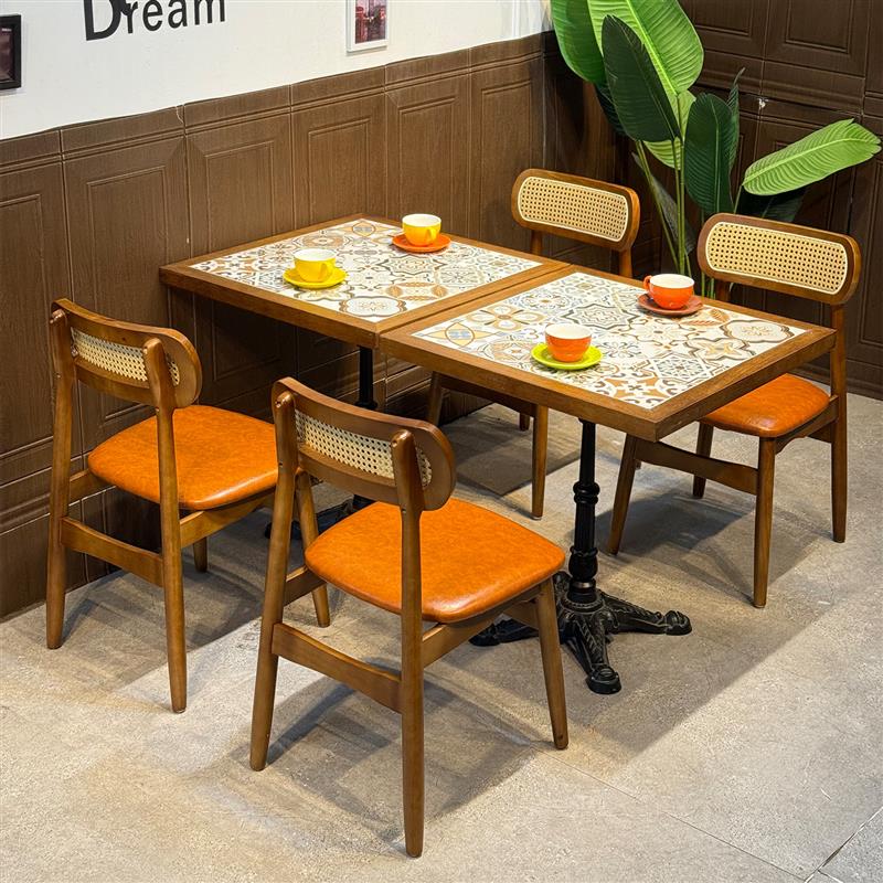 美式咖啡厅桌椅实木组合复古餐饮奶茶糖水甜品店西餐厅方形桌商用