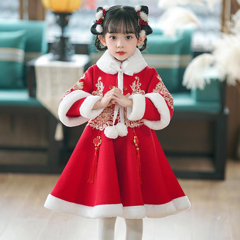汉服女童连衣裙冬季加绒宝宝拜年服喜庆新年唐装儿童旗袍冬装裙子