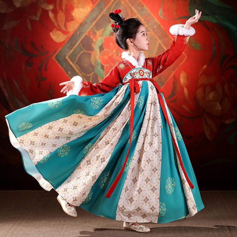汉服女童冬季加绒敦煌飞天连衣裙2025新款儿童古风加厚唐装公主裙