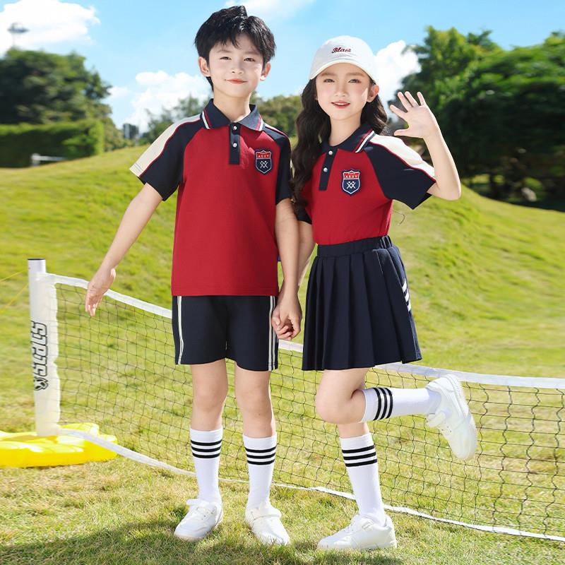 幼儿园园服夏季短袖套装小学生校服夏装红色运动会六一毕业演出服