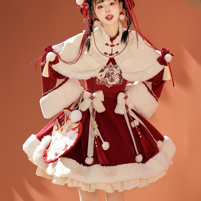 原创国牌福禄小马中华风lolita斗篷圣诞新年红拜年战袍连衣裙套装