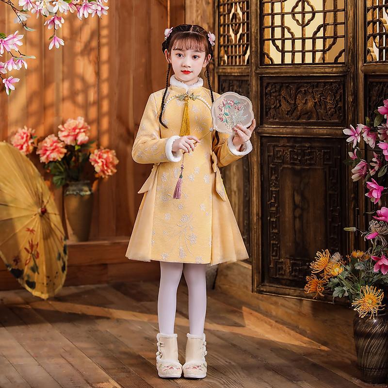 儿童汉服旗袍冬款女童中国风冬装古装大童加绒加厚新年拜年服冬季