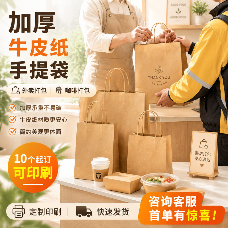 牛皮纸袋手提袋定制衣服包装小礼品袋子外卖定制奶茶打包大号商用