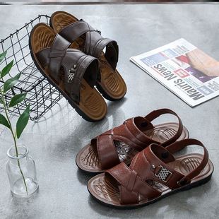 男中老年沙灘鞋 夏季 子 休閑外穿爸爸兩用拖鞋 男士 2025新款 仿皮涼鞋
