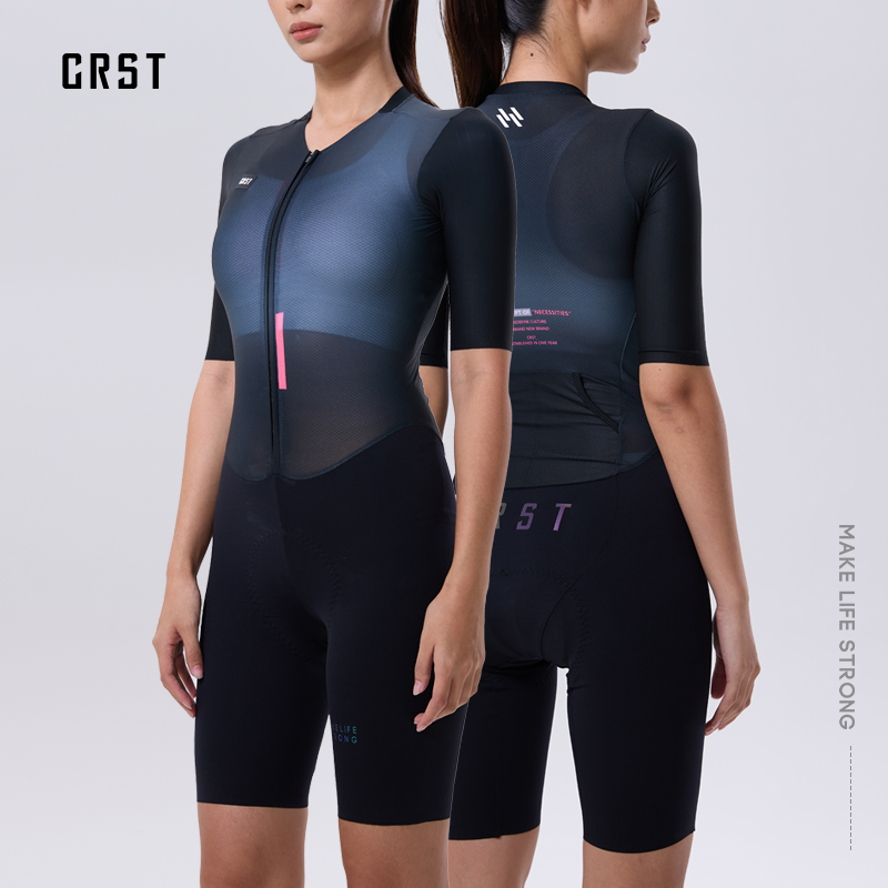 CRST夏季骑行服女短袖连体衣双箭头裤垫自行车竞技版骑行连体服