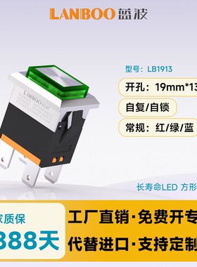 蓝波19x13mm方形开关15A大电流自锁自复可选矩形开关带灯红绿蓝黄