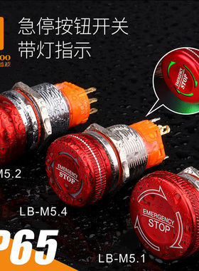 蓝波19mm金属急停按钮M5红色蘑菇头保持式常开常闭防水带灯IP65