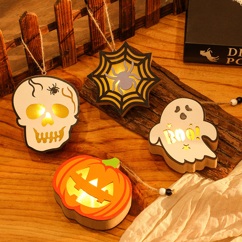 新款万圣节装饰南瓜灯手提灯木质骷髅蜘蛛万圣节场景挂件小夜灯