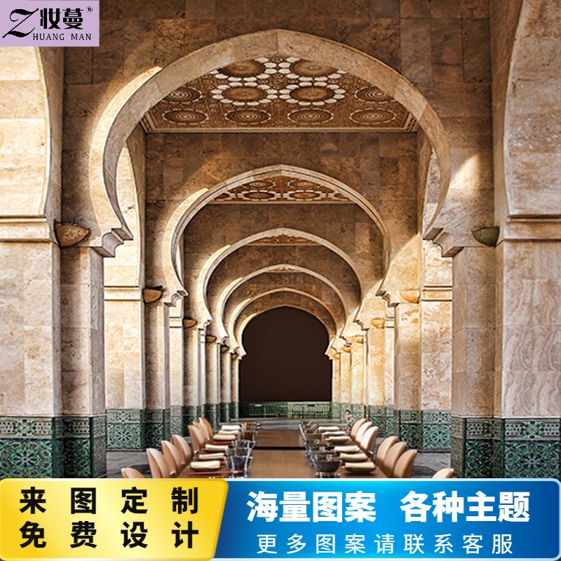欧式教堂建筑宫殿走廊墙纸5d视觉延伸空间壁画酒店餐厅背景墙壁纸