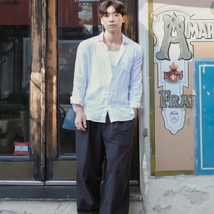 半袖 亚麻褂子衬衣修身 上衣 衬衫 复古重现古着原创白色棉麻长袖