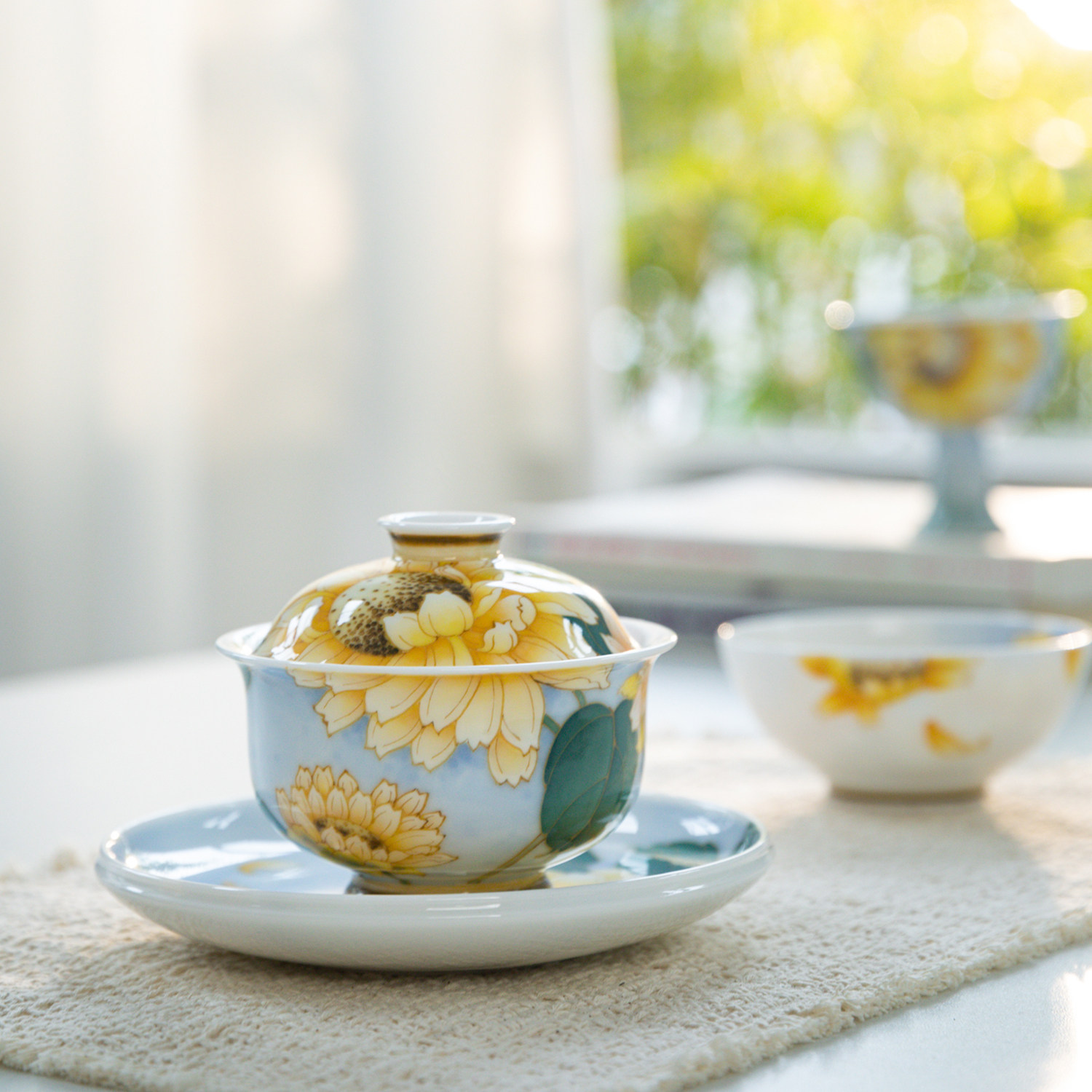 官润窑陶瓷釉下彩手绘品茗主人杯功夫普洱茶碗向日葵盖碗壶承套装,餐饮具,茶杯,淘宝优惠券,粉丝福利购,淘宝优惠卷