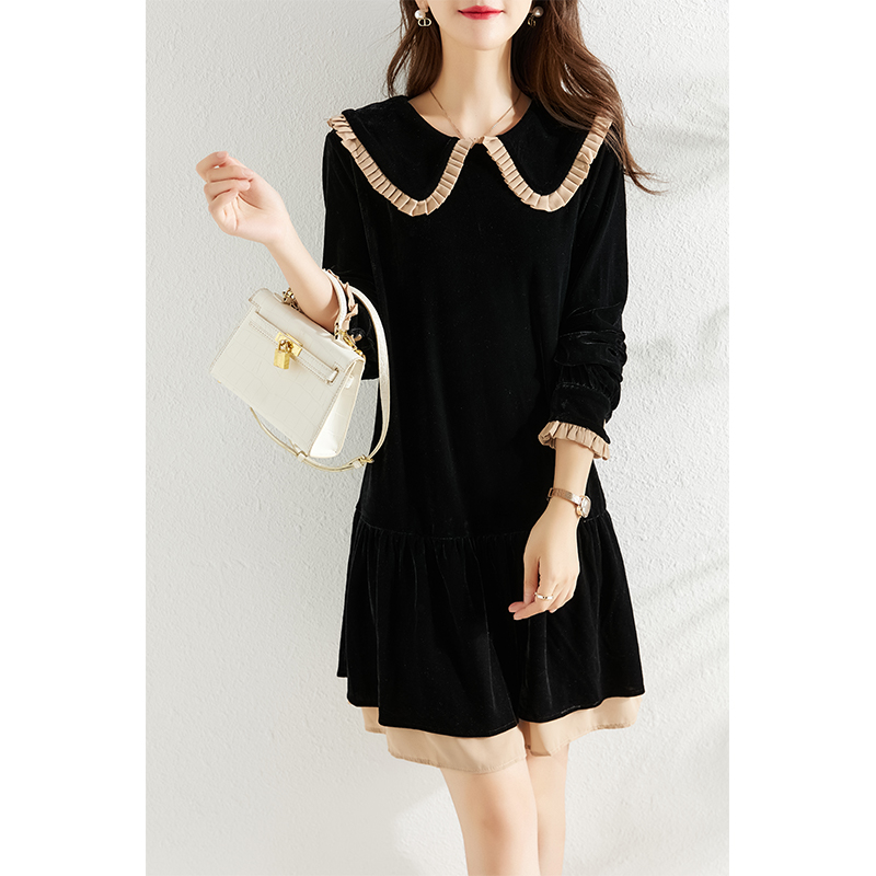 ROUMIKL气质娃娃领丝绒洋装女春季2025新款小个子宽松显瘦设计感