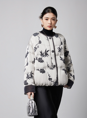 格媞中式国风鹅绒服女2025新款花鸟竹印花复古短款轻便居家羽绒服