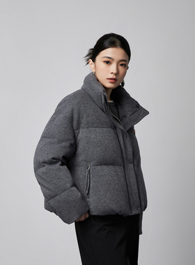 格媞2025新款鹅绒服女羊绒混纺高端羽绒服洋气简约减龄显年轻灰色