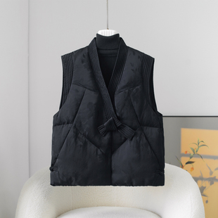 格媞90高端国风鹅绒服女款马甲2025新款冬季中式黑色羽绒服外套