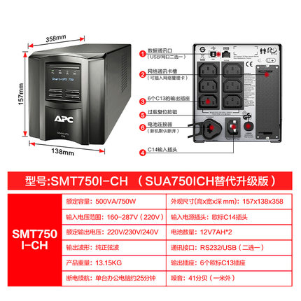 APC UPS SMT750/1000/1500/2200/3000I-CH机房服务器不间断电源