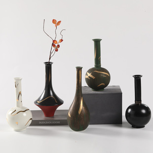 宋代美学花瓶摆件复古陶瓷中式客厅荷花插花餐桌宋式轻奢描金高档