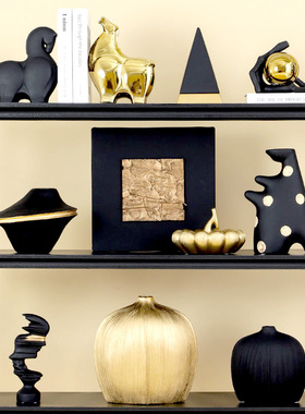 售楼处样板间酒柜黑金中古南瓜花瓶摆件轻奢高档人物雕像陶瓷唐马