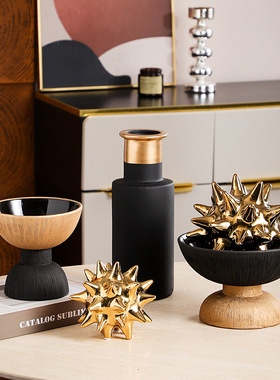 意式极简轻奢黑金花瓶果盘摆件