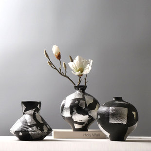 陈列烧制黑银色斑驳陶瓷花瓶器物现代东方轻奢侘寂样板间陶罐摆件