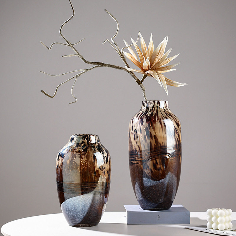 高级感咖金渐变大理石纹琉璃玻璃花瓶新中式大肚小口罐子水培摆件,家居饰品,花瓶,淘宝优惠券,粉丝福利购,淘宝优惠卷