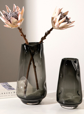 艺术小众褶皱异形透明黑色玻璃花瓶捷克风水培插花器鲜花餐桌摆件