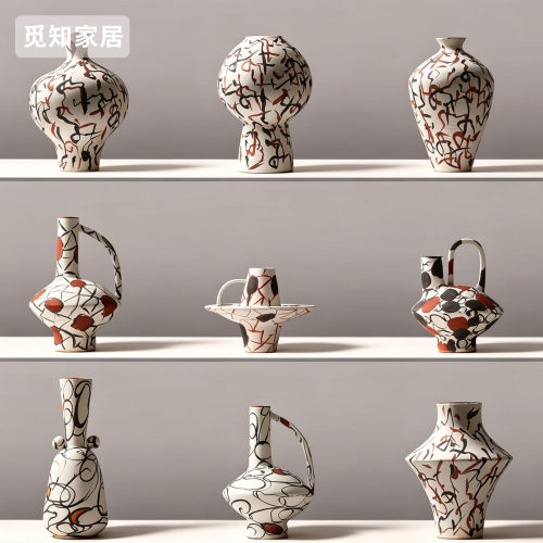 侘寂风手绘线条粗陶花瓶桌面装饰