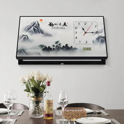 大尺寸电表箱装饰画新中式山水画配电箱挂画带钟表万年历餐厅挂画