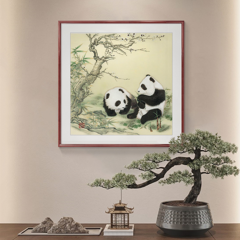 定做猫挂画新式玄装画餐熊厅茶关饰客厅壁中画国风室水中墨画竹子