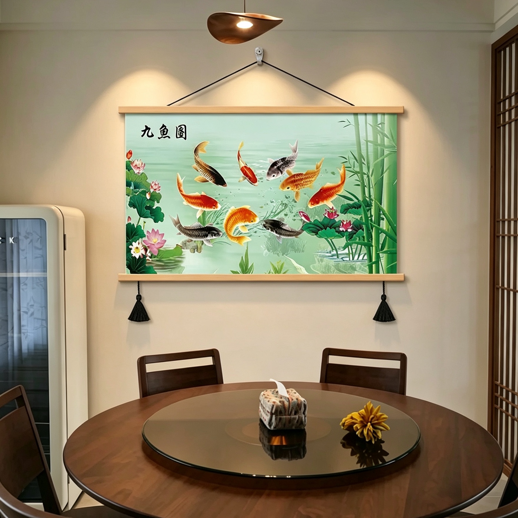 餐厅装饰画荷花九鱼图挂画新中式