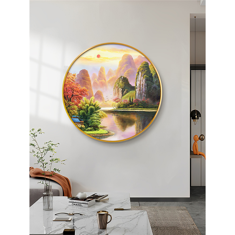 桂林山水画圆形玄关装饰画轻奢高级感餐厅背景墙挂画风景油画壁画图片