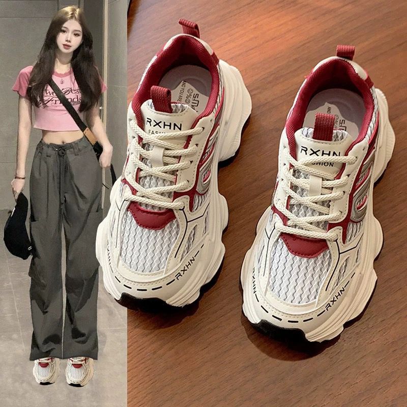 显脚小老爹鞋女2025春秋季新款厚底增高休闲女鞋网面透气运动鞋子