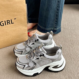 厚底增高银色老爹鞋女款2025新款春夏季爆款小个子休闲运动女鞋子