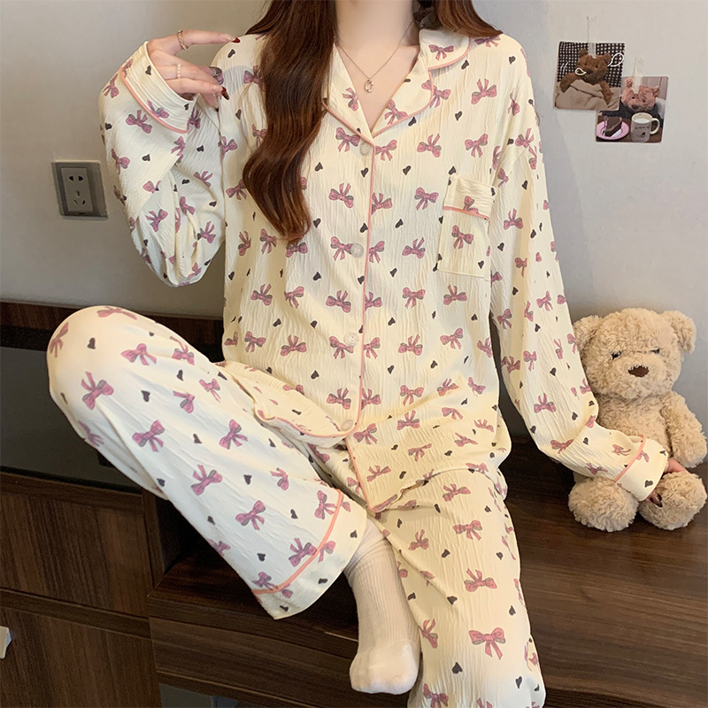 韩系少女甜美长袖睡衣女春季蝴蝶结长裤慵懒家居服可外穿套装