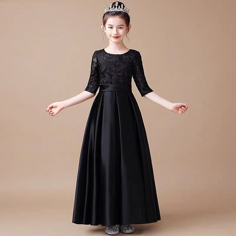 黑色女童礼服中大童走秀钢琴演出小提琴演奏服儿童乐团蕾丝