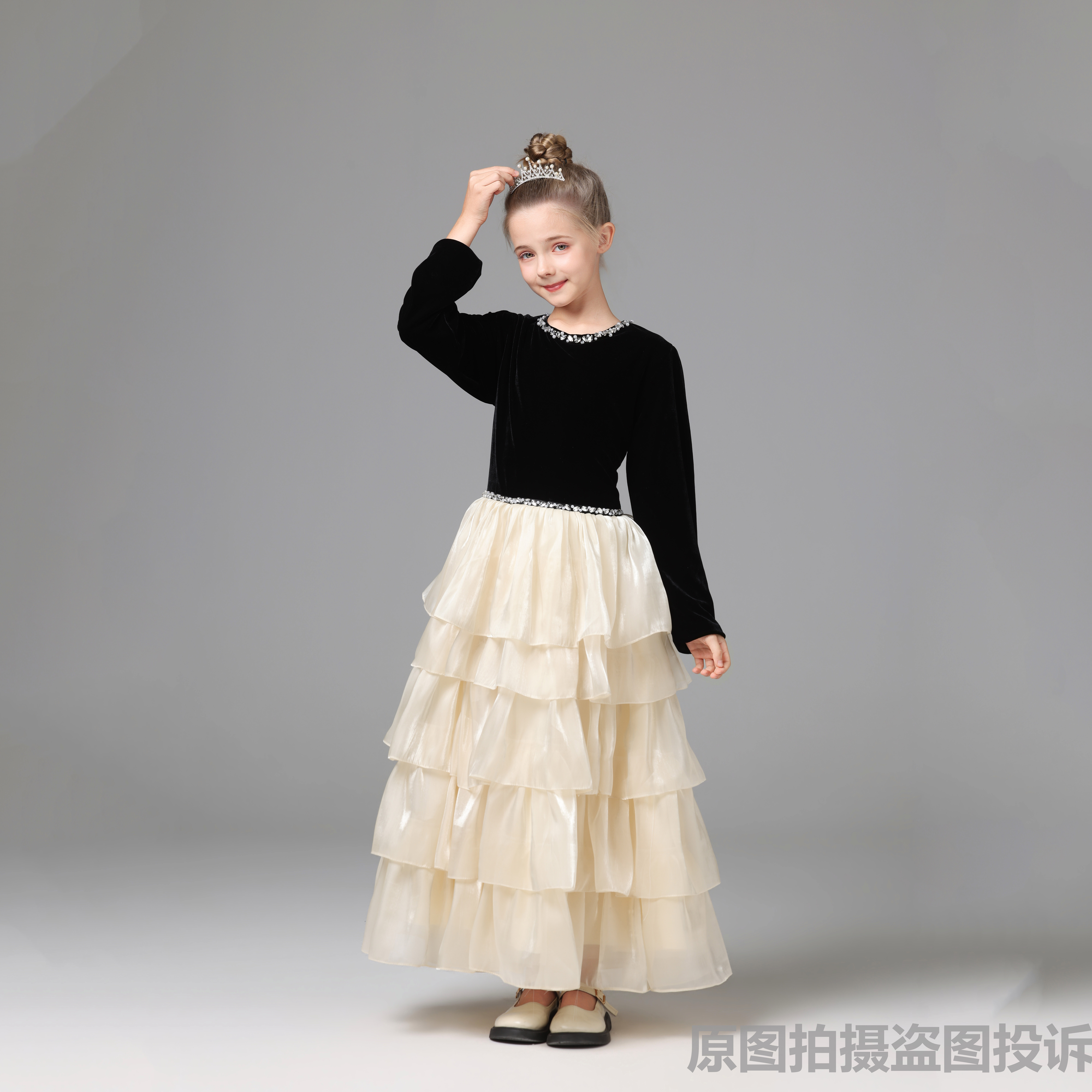 顺丰发长袖黑色丝绒女童礼服裙高端管弦乐团演出服蛋糕裙弹力大